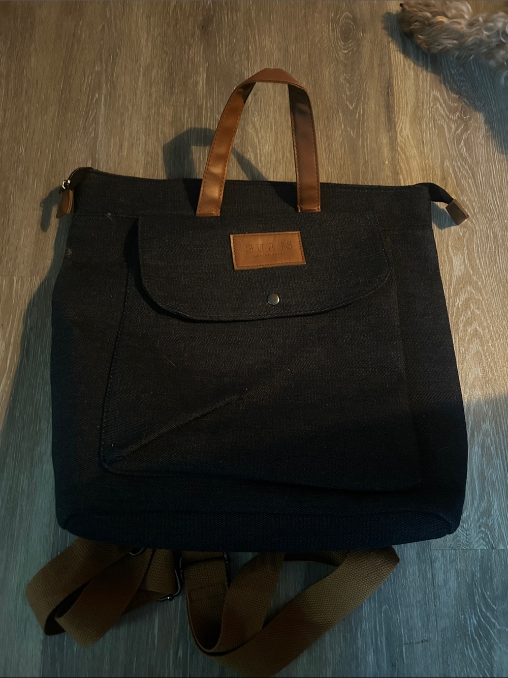 Guess Black Canvas Backpack with Brown Trim and Handles